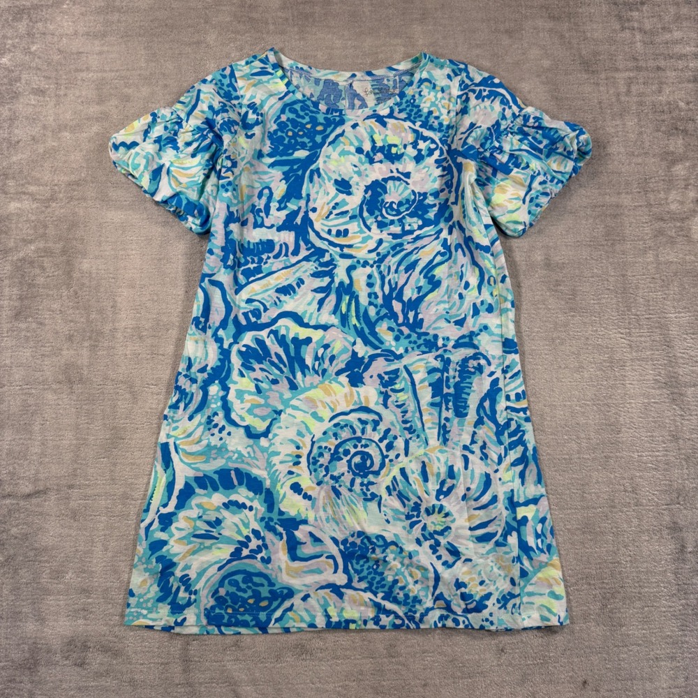 Lilly Pulitzer Dress Kids Large Blue Seashell Flutter Sleeve Cotton Shirt Dress